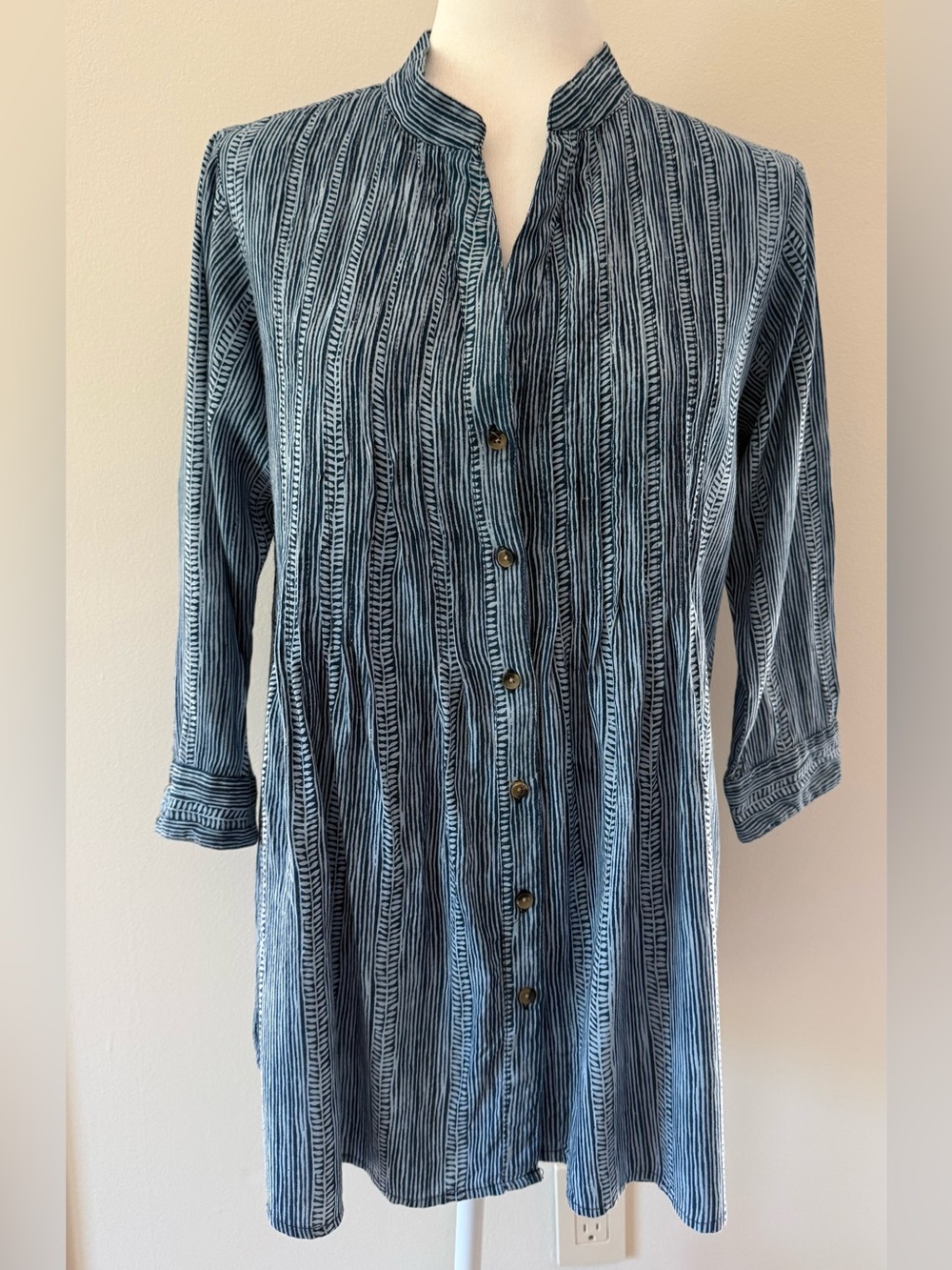 Striped Blue Button-Front Womens Tunic